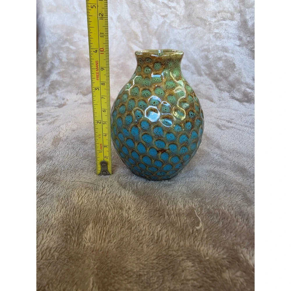 Mini Peacock Ceramic Bud Vase Honeycomb Reactive Glaze Pottery 4.5